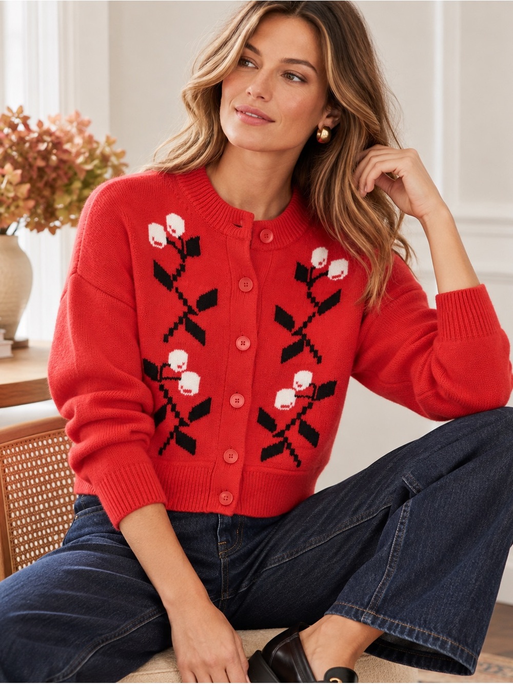 J.Crew Vintage Wool Cardigan in Cherry Print Red Size Small